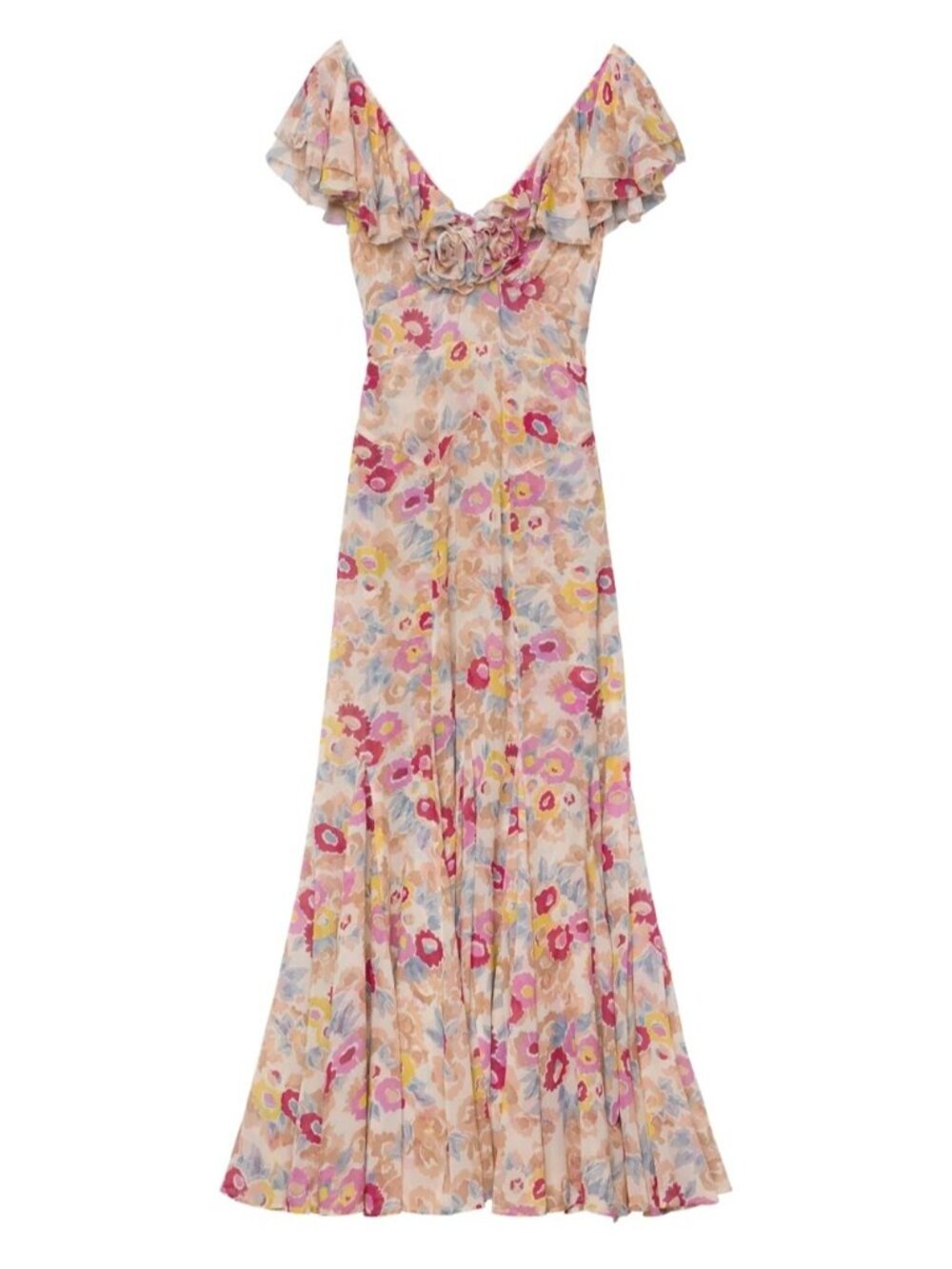 NEW DOEN Amerelle Silk Long Dress Jardin De Camelias Beige Pink Floral US XS - Picture 3 of 16